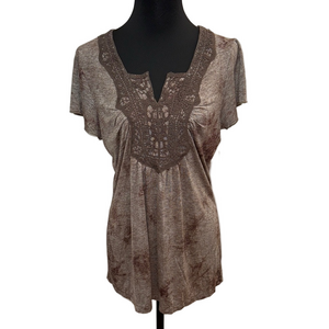 Live and Let Live Brown Tan Flutter Sleeve Embellished Blouse